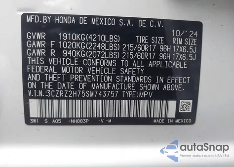 2025 Honda Hr-V Awd Ex-L из США, поврежденный, VIN 3CZRZ2H75SM743757